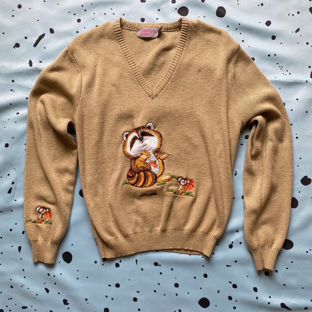 Vintage 70's V-Neck Embroidered Sweater Medium